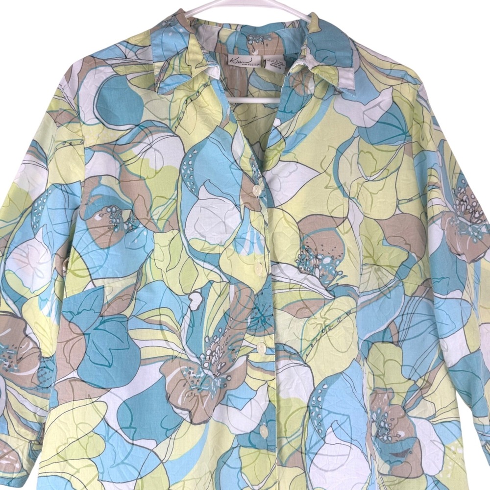 Kim Rogers Floral Button Down‎ Shirt Womens Large Green Casual Pastel Spring 90s